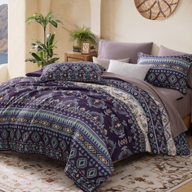CASAAGUSTO Full Size Comforter, 7 PCS Dark Purple Boho Comforter Full Size, Bohemian Striped Bed in A Bag, Soft Bedding Set for All Seasons(80"X90")