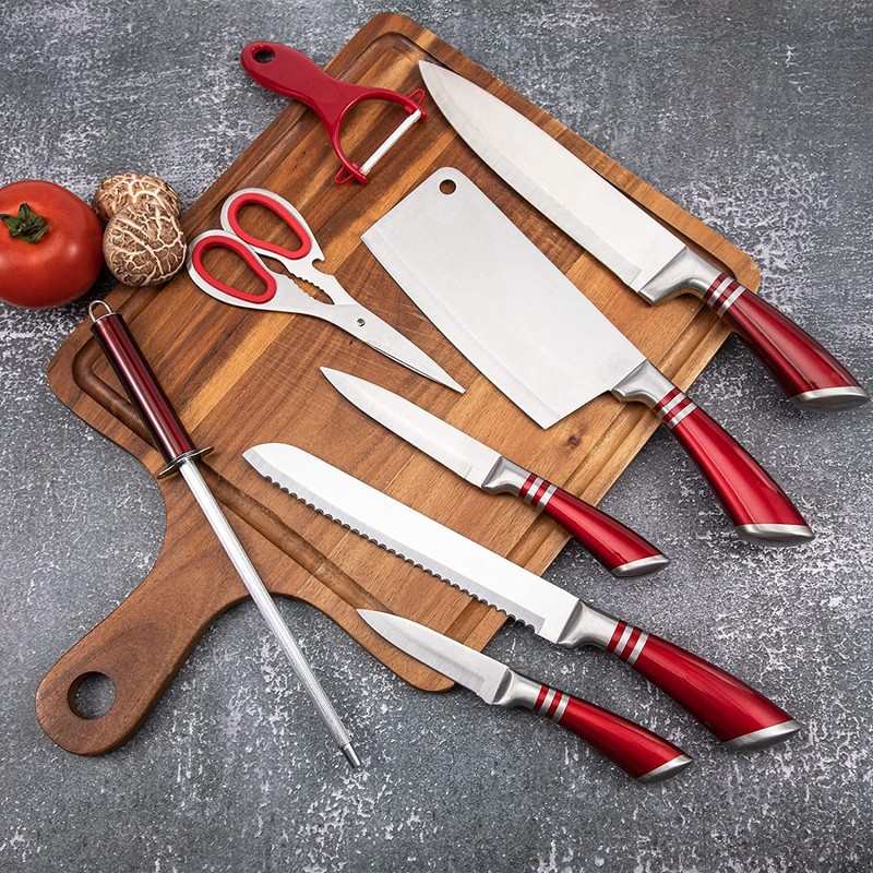 Kitchen Knife Set, 9-Piece Red Knife Set with Acrylic Block,