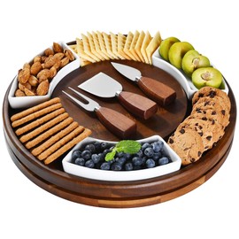 Shanik Acacia Wood Lazy Susan Cheese Board Set – Rotating Charcuterie Platter, Elegant Serving Tray for Appetizers, Snacks, Parties & Weddings