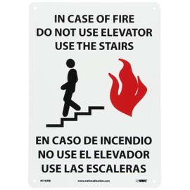 NMC M740RB Bilingual Fire Sign, Legend "IN CASE OF FIRE DO NOT USE ELEVATOR USE STAIRS" with Graphic, 10" Length x 14" Height, Rigid Polystyrene Plastic, Red/Black on White