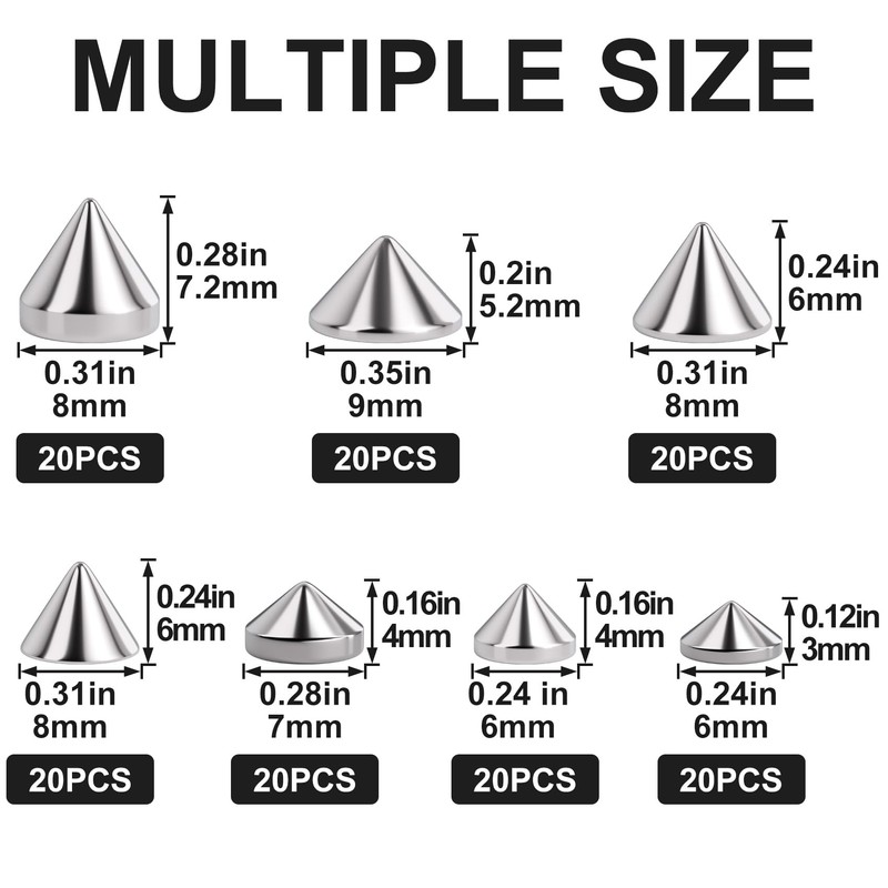 OIIKI 140PCS ABS Bullet Spike Cone Studs, 7 Styles Rivets