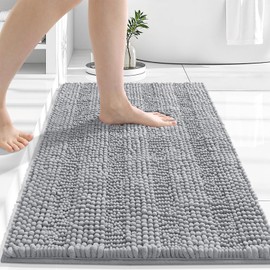 Grandaily Chenille Striped Bathroom Rugs 24x16, Extra Thick and Absorbent Bath Mats, Non-Slip Soft Plush Shaggy Shower Carpet, Machine Wash Dry, Bath Rug for Bathroom, (Small, Grey)