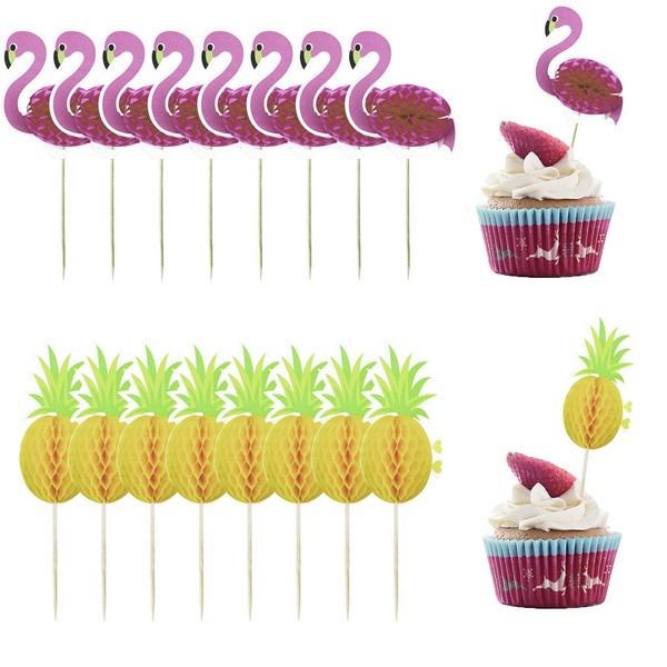 60 piezas de decoración de cupcakes tropicales, flamencos 3D y piña, decoración para tartas con temática hawaiana para fiestas de cumpleaños