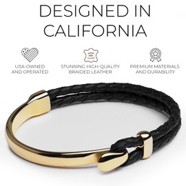 Elegatto Signature Gold Bracelet for Men | Braided Full-Grain Black Leather with 18k Gold-Plated Stainless Steel Hook Closure | Men’s Designer Jewelry Bracelets | Gold Small (6.5")