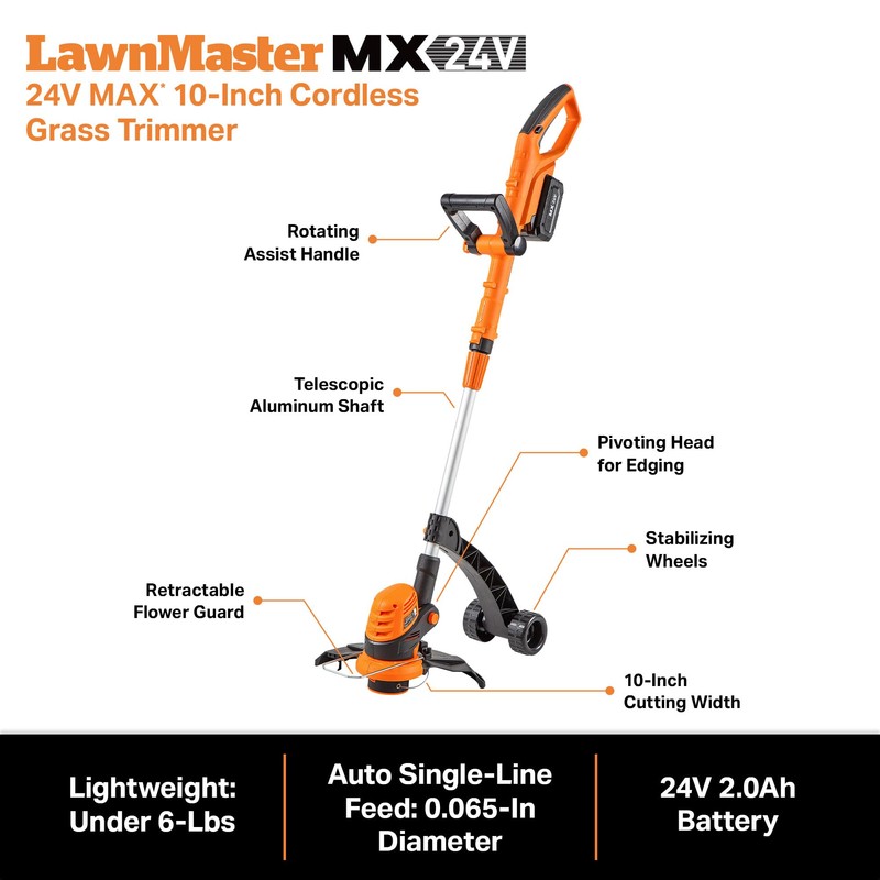 LawnMaster CLGT2410S 24V 10" Cordless String Trimmer Weed Eater 2.0AH