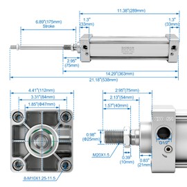 Baomain Pneumatic Air Cylinder SC 100 x 175, PT 1/2 Port, 3.94" Bore, 6.89" Stroke, Single Rod Double Acting, M20X1.5 Threaded Rod, with 4X Push-in Fittings