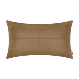 BRAWARM Faux Leather Throw Pillow Covers 12 X 20 Inches, Khaki Leather Pillow Cover, Hand Stitched Leather Decorative Lumbar Pillow Cover for Couch Sofa Bed Living Room Home Garden