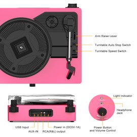Vinyl Record Player with Build in Speakers Vintage Portable Turntable Supports Bluetooth Receiver USB Input,AUX Input,RCA Line Out,3 Speed and Headphone Jack Pink
