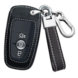 HIBEYO Key Fob Cover Fit for Ford Explorer Fusion Escape F150 F250 F350 F450 F550 Edge Car Accessories Real Leather Key Case Shell Fit for Ford Key Chain Smart Rmeot Auto Key-A Keychain Black