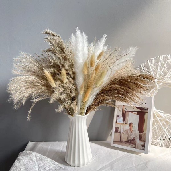 Natural Dried Pampas Grass Bouquet,72 Pcs Fluffy Pampas Grass Decor Artificial Pampas Grass Home Decor Phragmites Dried Flowers Fluffy and Swinging DIY Boho Plant for Floral Arrangements Decorations