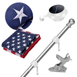 American Flag with Pole and Solar Light Kit, 6 FT Metal Pole with Holder, 13 LED Solar Powered Light, Embroidered Flag 3x5 FT, Set for 10 Hours Use for Night House Outdoor