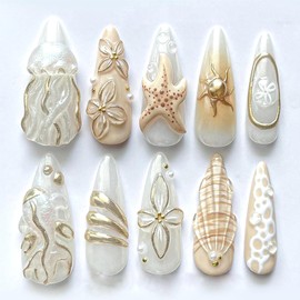 30Pcs Handmade Nails 3D Flower Press on Nails Almond with Ocean Pattern Charms Design French Tip Nail Art Starfish Mermaid Beads Stick on Nails Summer False Nails Medium Nails for Women Manicure
