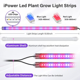 iPower 2Pack 20W LED Grow Lights with Full Spectrum Plant Growing Light Strips for Indoor Plant with Auto ON/Off 3/9/12H Timer, 10 Dimmable Levels 48 LEDs Per Tude, 2 Tubes, Red&Blue
