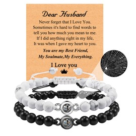 CheersLife Husband Bracelet Anniversary Jewelry Gifts for Couple 2 Pcs Couple Bracelets, 100 Languages I Love You Gifts for Men Valentines Day Christmas Birthday Gift for Him and Her