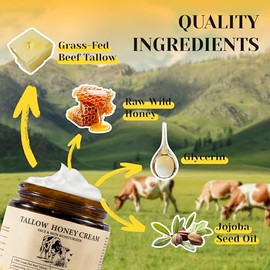 Miel de ternera para bálsamo de piel - Crema Cebo De Res Original para cuerpo y cara Hidratante, Vintage Traditions Tallow Cream Organic Grass Fed Beef Tallow & Raw Honey