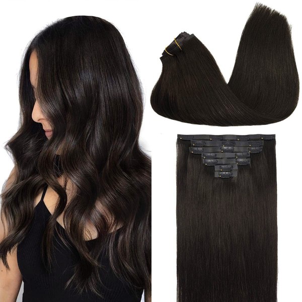 GOO GOO Seamless Clip In Hair Extensions Remy Real Human Hair Extension with Invisible PU Skin Weft 18 Inch 130g 7pcs Dark Brown Natural & Thick & Straight Hair Extensions for Women
