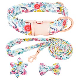 HSIGIO Dog Collar and Leash Set Girls Adjustable Puppy Collars with Floral Bow Tie for Small Medium Large Female Dogs, Teal Flower, S