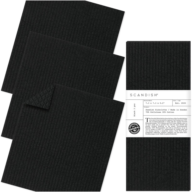 Black Swedish Dishcloths for Kitchen - Set of 3 Swedish