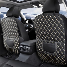 Leatherette Car Seat Protector - 2 Pack Large Car Kick Mats with Storage Pockets Organizer Seat Back Cover Against Dirty Shoes & Scratches, Universal Fit for Most Vehicles, Black with Beige Line