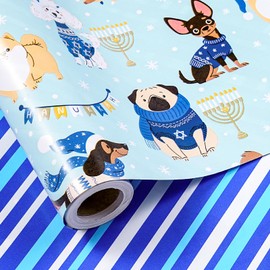 LeZakaa Hanukkah Wrapping Paper Roll, Cute Holiday Dog Print & Blue Stripes Reversible Deign Gift Wrap for Jewish Festival, Kids, Adults, Party, 17 inches x 32.8 Feet