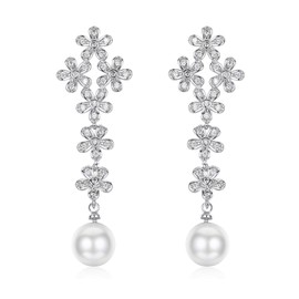 DAISY PEARL WHITE CZ SILVER DANGLE CHANDELIER EARRINGS STUD WEDDING BRIDAL CZ551 (Silver)