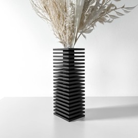 Modern Black Vase with Geometric Design, 14 x 6 inches