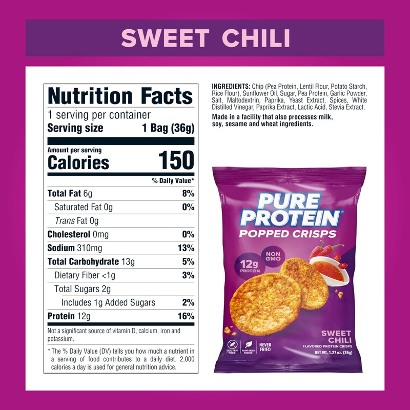 Pure Protein Popped Crisps, Sweet Chili, High Protein Snack, 12G