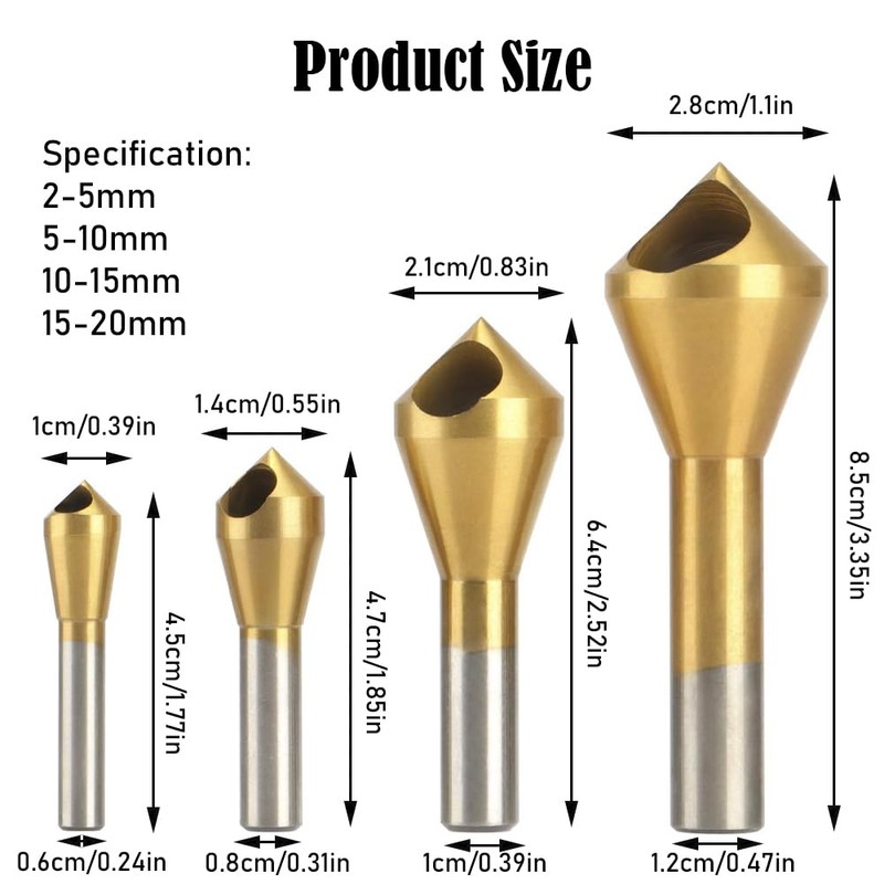 4 Pcs Titanium Coated Countersink Chamfer Tool Metal Countersink Chamfer