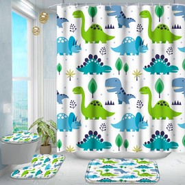 Poedist 4 Pcs Bathroom Shower Curtain Set,Kid's Bathroom Set,Shower Curtain Sets with Rugs(Bath Mat,U Shape and Toilet Lid Cover Mat) and 12 Hooks,Fresh Cartoon Dinosaur Style
