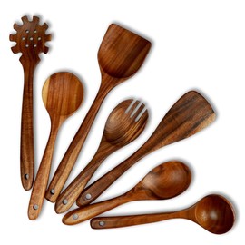 Premium Teak Wood Kitchen Utensil Set, Elegant 7-Piece Cooking Set - Handcrafted, Sturdy, Lightweight, Durable, & Heat Resistant Cooking Tools