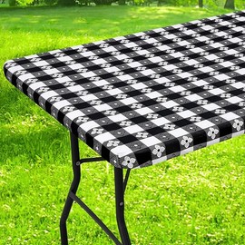 Rectangle Vinyl Table Cloth, Waterproof Elastic Fitted Tablecloth with Flannel Backing, Plastic Table Cover for Picnic, Camping, Outdoor (Black & White, 30"x72")