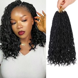 Samtress 10 Zoll Senegalese Twist Crochet Hair with Curls 9 Packs Boho Island Twist Crochet Braids with Curly Ends Natural Black Pre Looped Goddess Hair Extensions for Women (#1B)