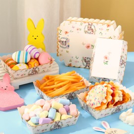 Dunzoom 60 Pack Easter Paper Food Trays Disposable Egg Bunny Paper Plates Boats Easter Party Decoration Supplies Snacks Holder Trays for Spring Chips Nacho Hot Dogs Popcorn Picnic (Vintage Bunny)