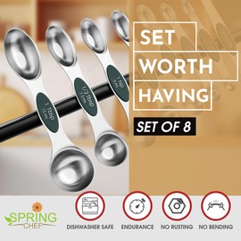 Spring Chef Magnetic Measuring Spoons Set, Dual Sided, Stainless Steel, Fits in Spice Jars, Pine Green, Set of 8