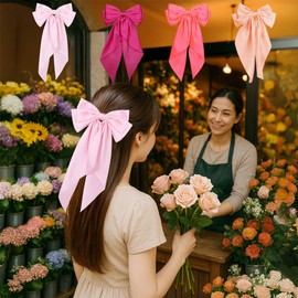 4PCS Satin Hair Bows for Women & Girls – Oversized Long Tail Bow Hair Clips with French Barrette – Pink, Rose Red, Watermelon Pink, Champagne – Cute Hair Accessories for Ponytail, Wedding, School