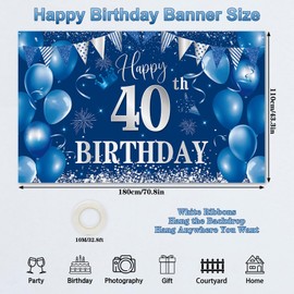 40th Birthday Banner Blue, Birthday Banner 40, Birthday Decoration for Men & Women, 40th Birthday Background Banner for 40th Party Birthday Decoration, 180 x 110 cm