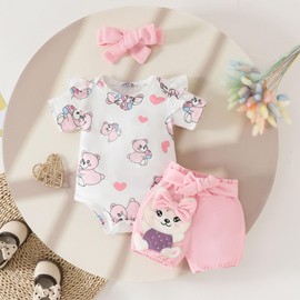HEOXIN Baby Girl Infant Clothing Sets, Newborn Short Sleeves Bodysuit Snap Button Crotch Round Neck Cartoon Bear Love Heart Stretch Shorts Bowknot Headband Summer Sets Tiny Girls, Pink 0-3 Months