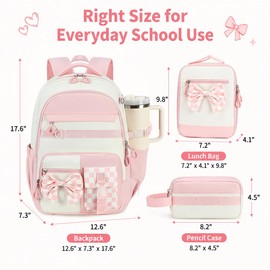 CAMTOP Girls Backpack with Lunch Box & Pencil Case Set, School Backpack for Girls with Large Water Bottle Holder Straps, Waterproof Kids Backpack, Cute Bookbag for Elementary School & Travel