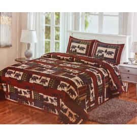 DeLeon BLACK BEAR Wilderness Cabin Quilted Queen Size Blanket w/ Pillow Shams by DeLeon