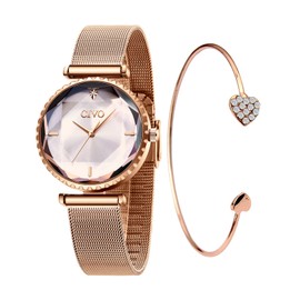 CIVO Women's Watch Waterproof Analogue Quartz Leather Strap Watch Women's Set Minimalist Creative Women's Watch for Women, c-3 set rose gold