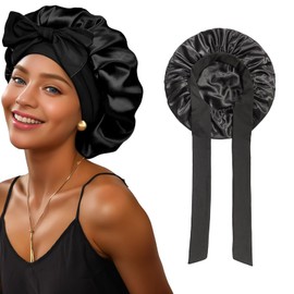 Satin Bonnet Silk Bonnet for Sleeping Women Hair Bonnet Night Sleep Cap Scarf wrap for Curly Hair Scrunchies Scalable Elastic with tie Band (Black)