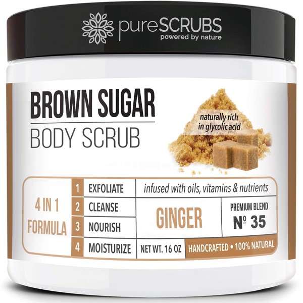 pureSCRUBS Premium Organic Brown Sugar GINGER FACE & BODY SCRUB Set - Large 16oz, Infused With Organic Essential Oils & Nutrients INCLUDES Wooden Spoon, Loofah & Mini Exfoliating Bar Soap