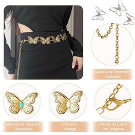AEIFULU 2 Piezas Cinturon Vaquero Mujer Dama,Cinturon Mariposa Turquesa Metal para Mujer,Tamaño Ajustable,Alta Gama Y Moda,Estilos Retro Y étnicos,Para Jeans, Pantalones,Falda(110cm，Oro + Plata)