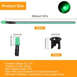 Lyeteung 50 PCS 5mm 12V Prewired LED Diodes Light with Diffused Colored Lens, Green, 20cm Prewired LED Light Emitting Diode + 50 PCS 5mm Plastic LED Holder