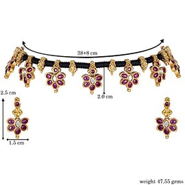 Aheli Red Stone Black Cotton Dori Choker Necklace with Earrings Thread Jewelry Gift for Women Indian Ethnic Temple Wedding Party Wear