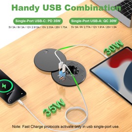 Einbausteckdose mit 2 USB C PD 35W und USB A QC 30W, Einbau Steckdosenleiste mit USB und Abdeckung, Versenkbare Steckdose für Möbel Arbeitsplatte, 1,8m Kabel, Schwarz