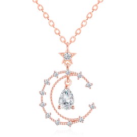 MOOFUN Zircon Stars Hollow Moon Necklace Hanging Zircon Teardrop Women's Chain 925 Silver Pendant Necklaces for Mum Girlfriend Girls Sister Wife Fashion Jewellery Women Gift Birthday Gift, Sterling