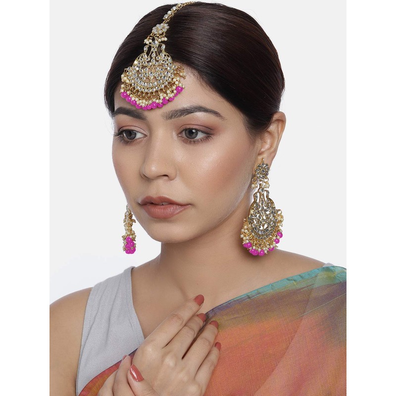 Aheli Indian Wedding Kundan Pearl Maang Tikka con pendiente Set