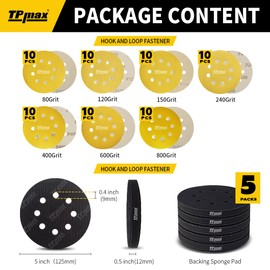 70 Pieces 125 mm 8 Hole Sanding Discs Set with 5 Velcro Soft Interface Pads - Round Premium Sandpaper for Random Orbital Sanders - Mixed Grit 80, 120, 150, 240, 400, 600, 800