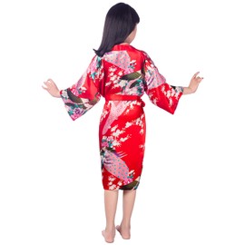 Dolamen Kid’s Girl’s Dressing Kimono Gown Kimono Robe, Silk Satin Pure Color Robe Bathrobe For Spa, Swimming Wedding Birthday Ages Nightwear Pyjamas(Red)